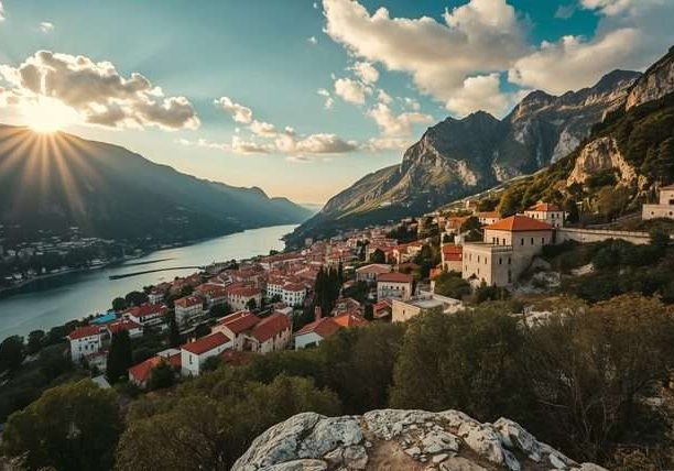 A coastal town beside a bay with mountains in Montenegro.