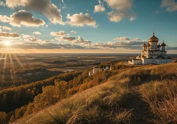 A church with golden domes stands on a hill above a wide valley in Russia.