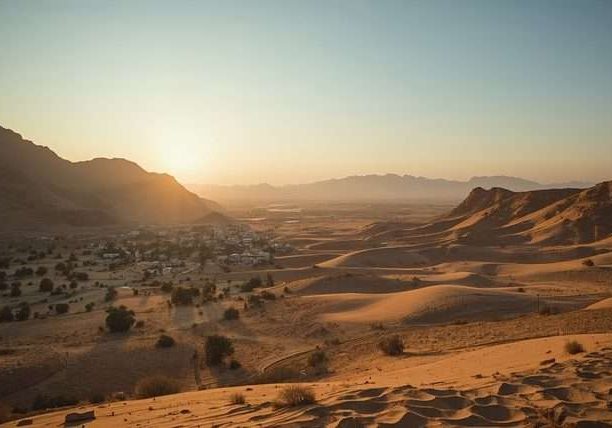 Sand dunes and rocky hills in Saudi Arabia at sunset.