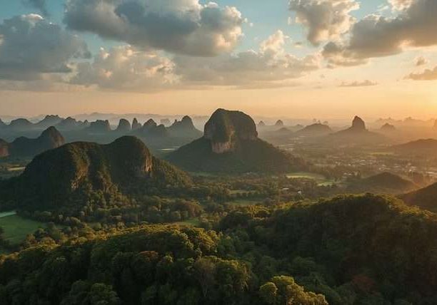 Karst hills and green valleys at sunset in Thailand.