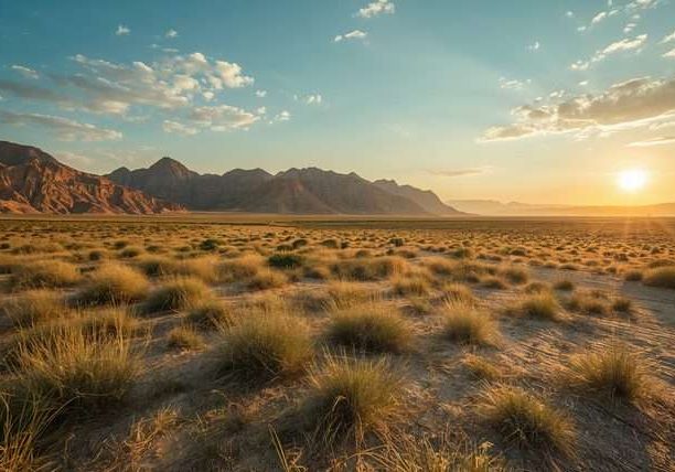 Grassy desert plain with mountains and a setting sun in Turkmenistan.