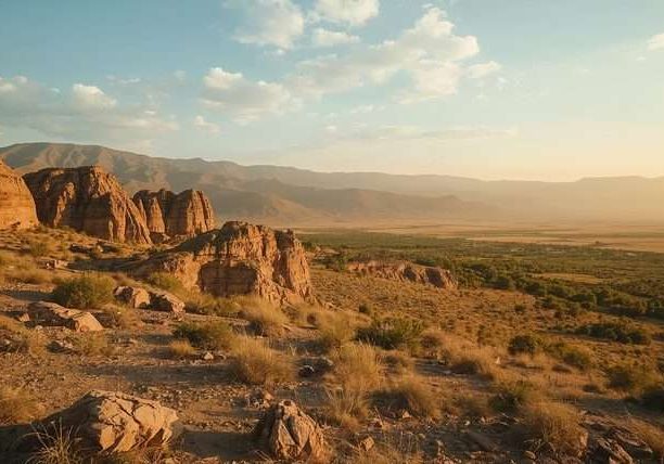 Rocky desert cliffs overlooking a wide valley in Uzbekistan.